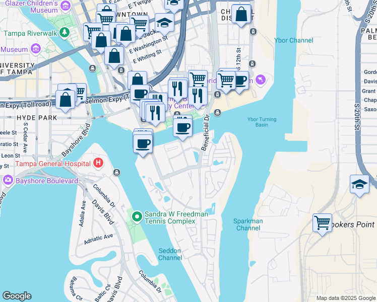 map of restaurants, bars, coffee shops, grocery stores, and more near 401 Harbour Place Drive in Tampa