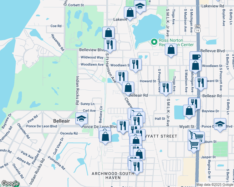 map of restaurants, bars, coffee shops, grocery stores, and more near 529 Howard Court in Clearwater