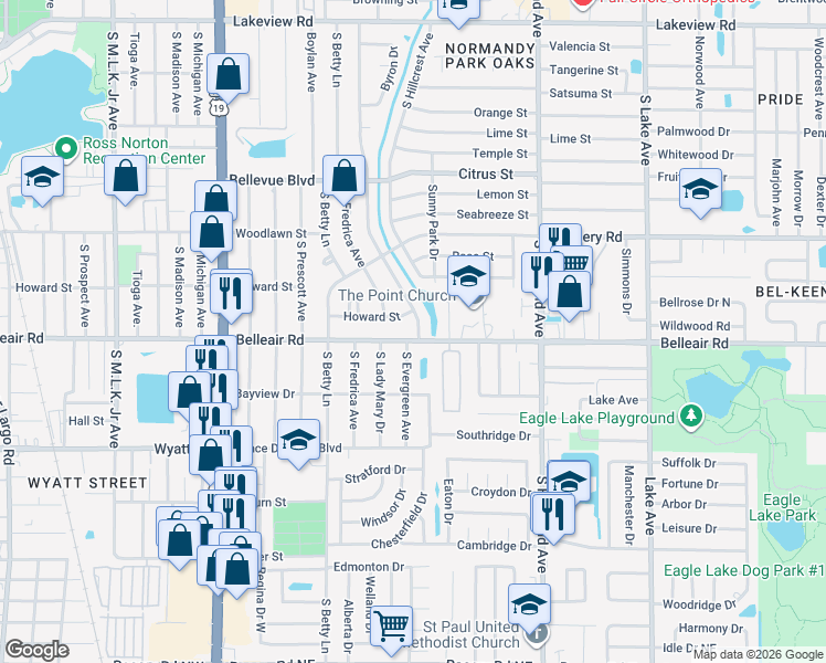 map of restaurants, bars, coffee shops, grocery stores, and more near 1596 South Evergreen Avenue in Clearwater
