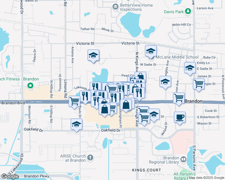 map of restaurants, bars, coffee shops, grocery stores, and more near 802 Oakgrove Drive in Brandon