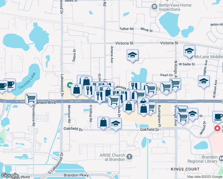 map of restaurants, bars, coffee shops, grocery stores, and more near 1221 Lakeside Drive in Brandon