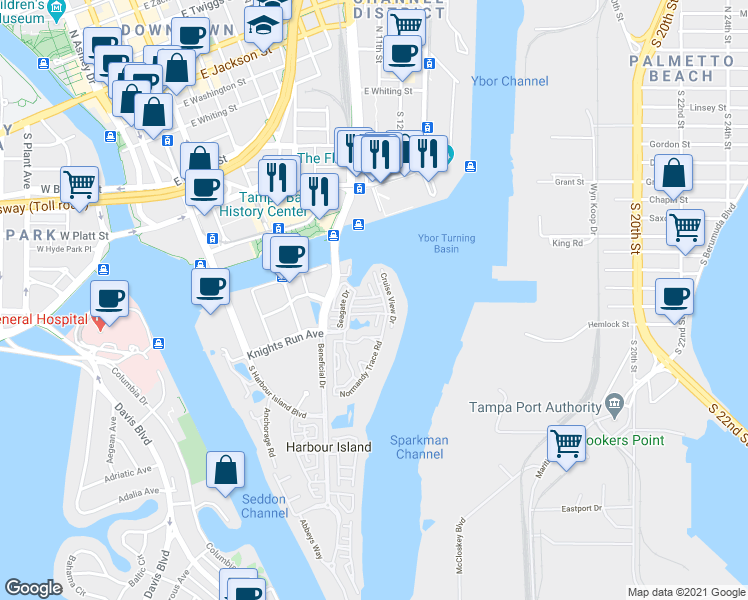 map of restaurants, bars, coffee shops, grocery stores, and more near 701 Cruise View Drive in Tampa