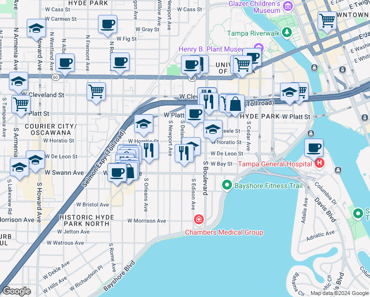 map of restaurants, bars, coffee shops, grocery stores, and more near 1000 West Horatio Street in Tampa