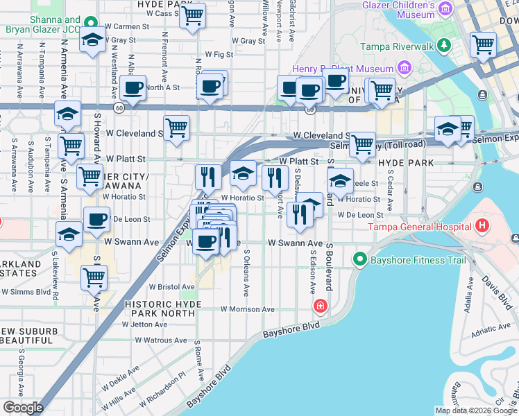 map of restaurants, bars, coffee shops, grocery stores, and more near in Tampa
