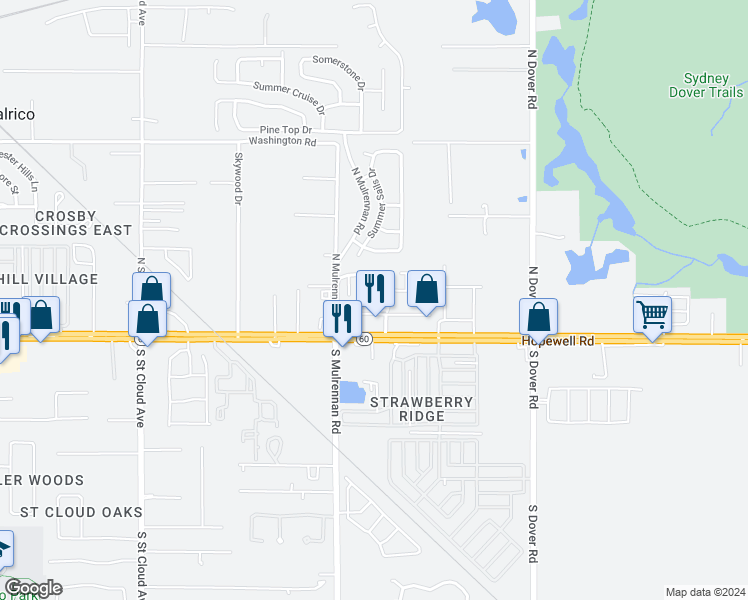 map of restaurants, bars, coffee shops, grocery stores, and more near 223 Castlekeeper Place in Valrico