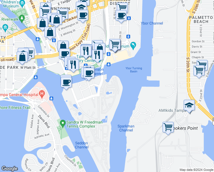 map of restaurants, bars, coffee shops, grocery stores, and more near 732 Seagate Drive in Tampa
