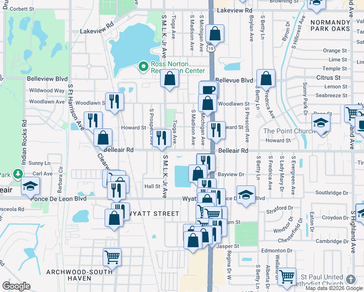 map of restaurants, bars, coffee shops, grocery stores, and more near 1590 South Washington Avenue in Clearwater