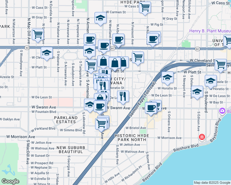 map of restaurants, bars, coffee shops, grocery stores, and more near 509 South Melville Avenue in Tampa