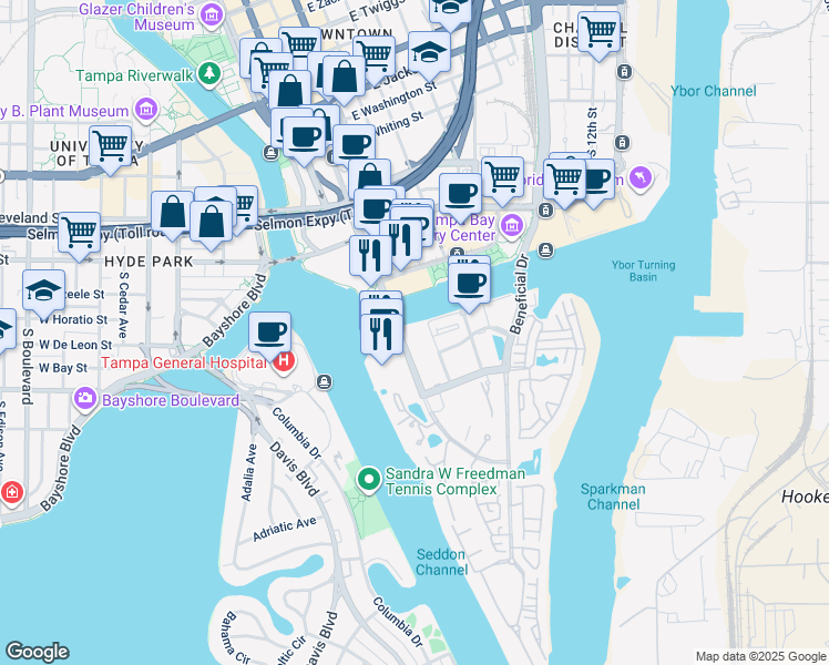 map of restaurants, bars, coffee shops, grocery stores, and more near 700 South Harbour Island Boulevard in Tampa