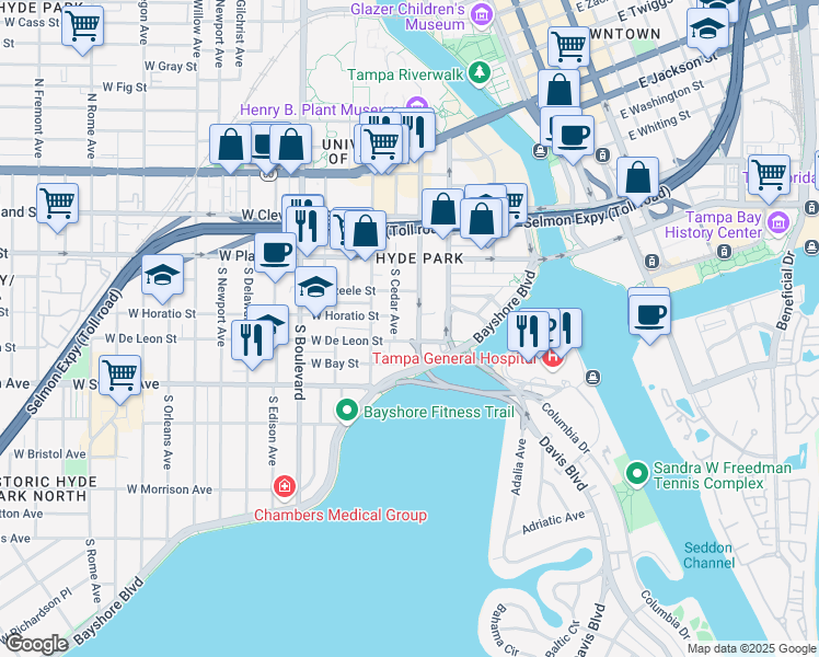 map of restaurants, bars, coffee shops, grocery stores, and more near 509 South Hyde Park Avenue in Tampa