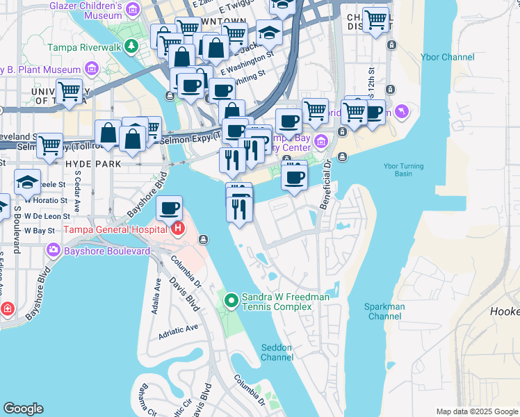map of restaurants, bars, coffee shops, grocery stores, and more near 700 South Harbour Island Boulevard in Tampa