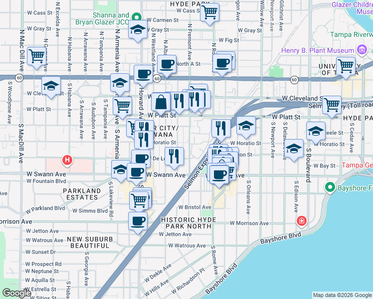 map of restaurants, bars, coffee shops, grocery stores, and more near 505 South Fremont Avenue in Tampa