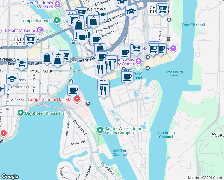 map of restaurants, bars, coffee shops, grocery stores, and more near 700 South Harbour Island Boulevard in Tampa