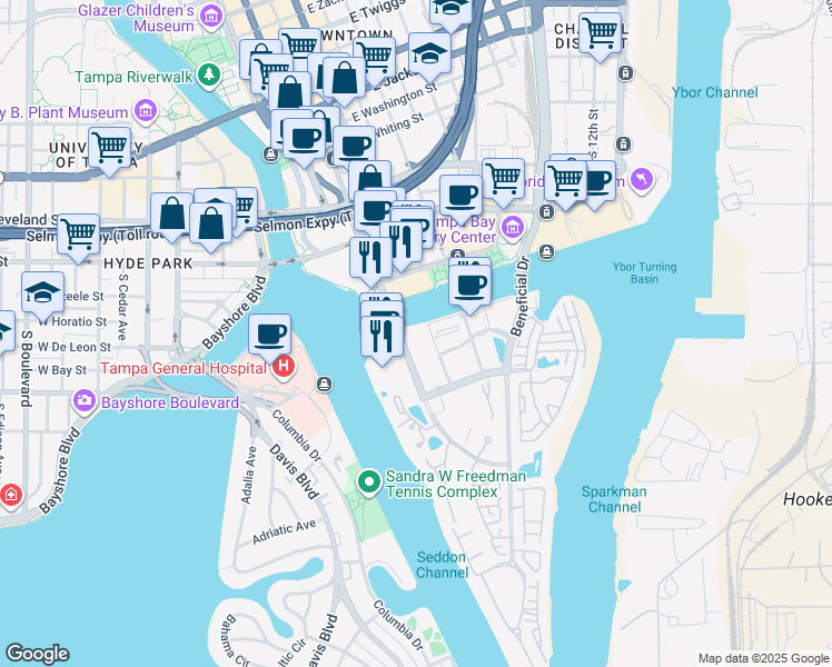 map of restaurants, bars, coffee shops, grocery stores, and more near 700 South Harbour Island Boulevard in Tampa