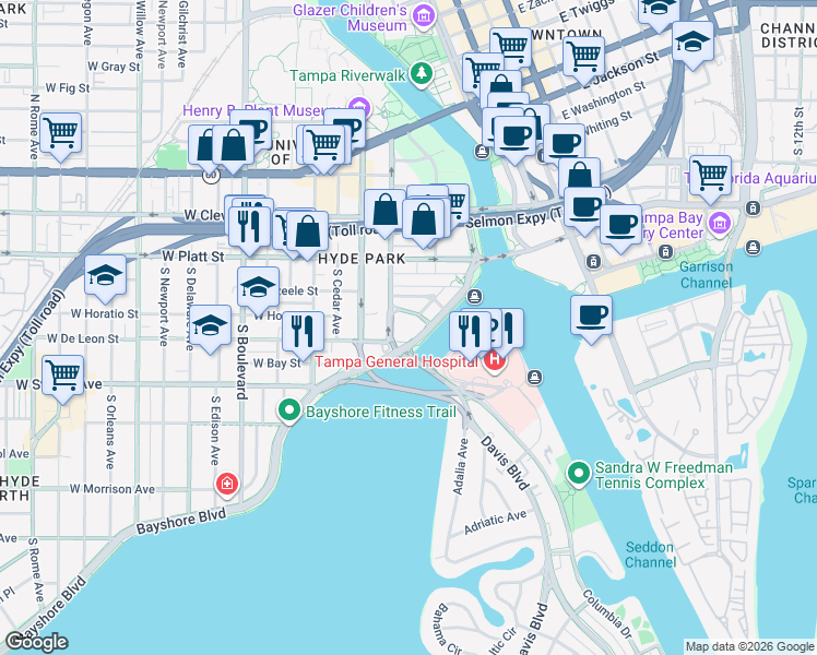 map of restaurants, bars, coffee shops, grocery stores, and more near 345 Bayshore Boulevard in Tampa