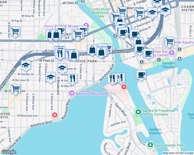 map of restaurants, bars, coffee shops, grocery stores, and more near 345 Bayshore Boulevard in Tampa