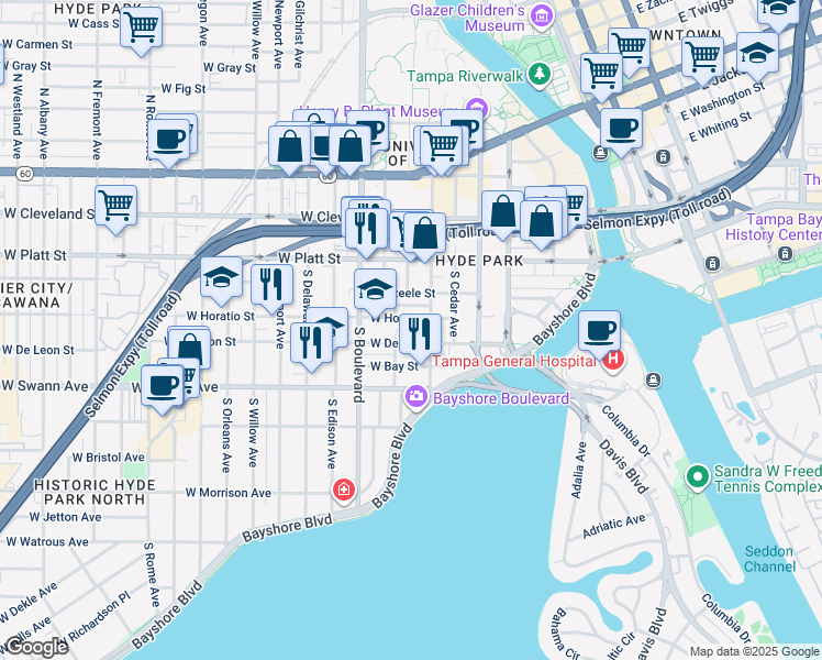 map of restaurants, bars, coffee shops, grocery stores, and more near 615 West De Leon Street in Tampa