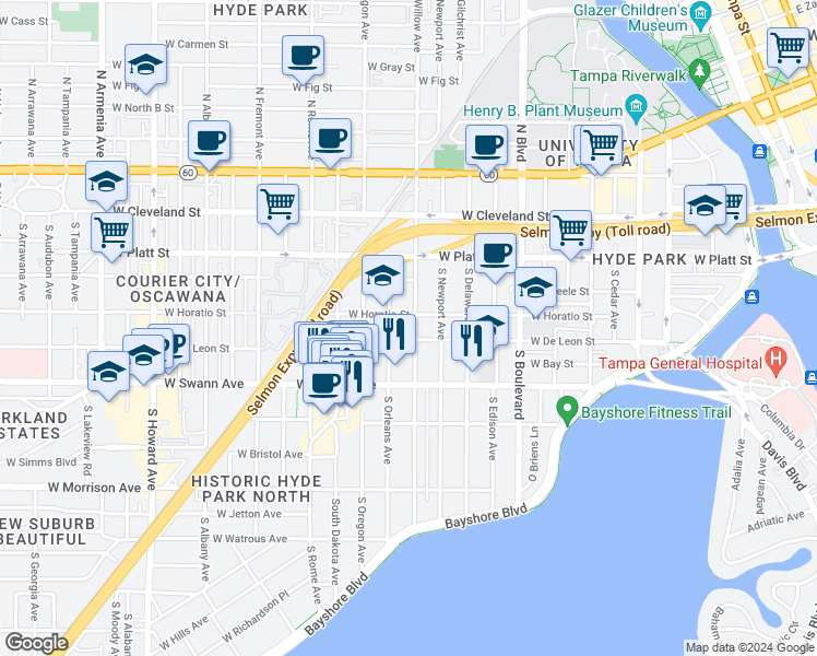 map of restaurants, bars, coffee shops, grocery stores, and more near in Tampa