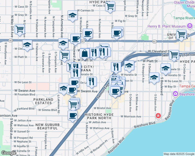 map of restaurants, bars, coffee shops, grocery stores, and more near 505 South Fremont Avenue in Tampa