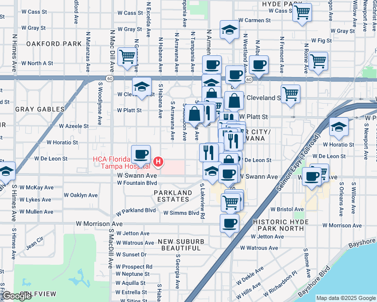 map of restaurants, bars, coffee shops, grocery stores, and more near 2601 West De Leon Street in Tampa