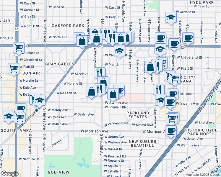 map of restaurants, bars, coffee shops, grocery stores, and more near 530 South MacDill Avenue in Tampa