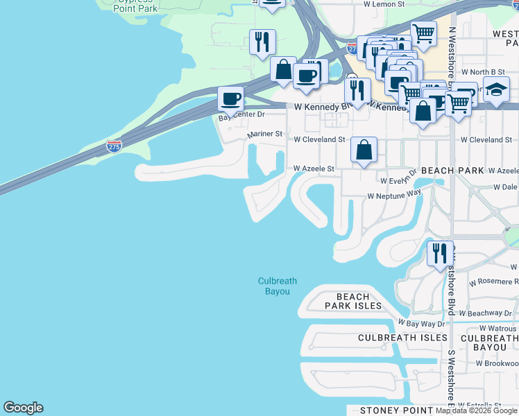 map of restaurants, bars, coffee shops, grocery stores, and more near 26 Sandpiper Road in Tampa