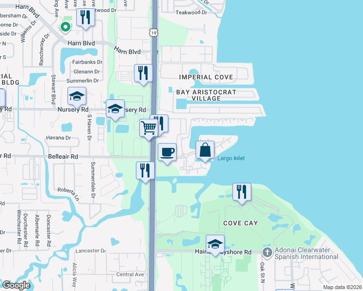 map of restaurants, bars, coffee shops, grocery stores, and more near 2701 Via Cipriani in Clearwater