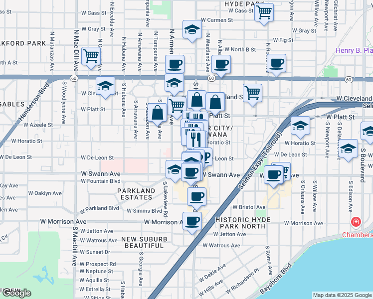 map of restaurants, bars, coffee shops, grocery stores, and more near 555 South Howard Avenue in Tampa