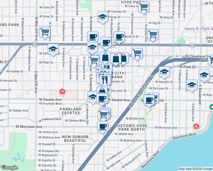 map of restaurants, bars, coffee shops, grocery stores, and more near 512 South Westland Avenue in Tampa