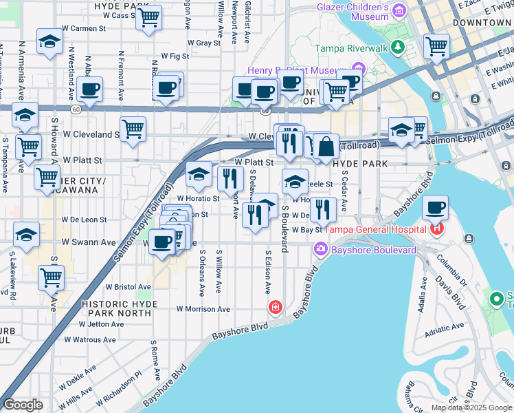 map of restaurants, bars, coffee shops, grocery stores, and more near 1000 West Horatio Street in Tampa
