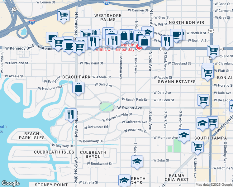 map of restaurants, bars, coffee shops, grocery stores, and more near 4403 West Beach Park Drive in Tampa