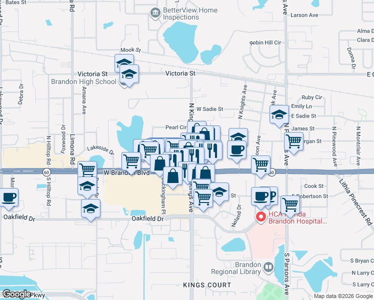 map of restaurants, bars, coffee shops, grocery stores, and more near 116 North Kings Avenue in Brandon