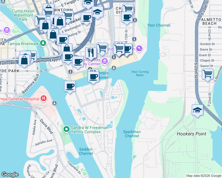 map of restaurants, bars, coffee shops, grocery stores, and more near 732 Seagate Drive in Tampa