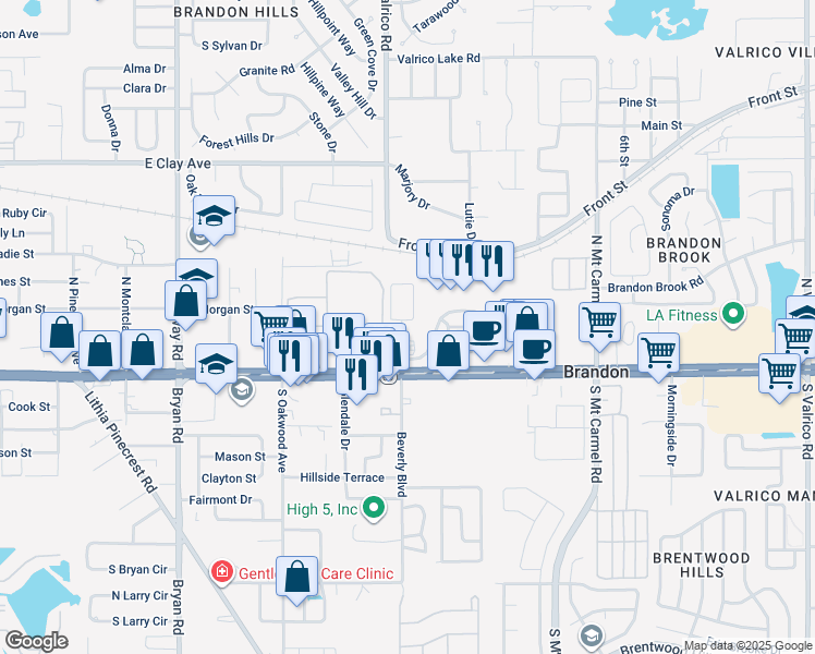 map of restaurants, bars, coffee shops, grocery stores, and more near 185 Kelsey Cove Drive in Brandon