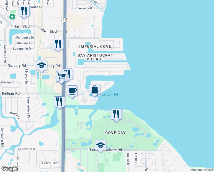 map of restaurants, bars, coffee shops, grocery stores, and more near 2747 Via Capri in Clearwater