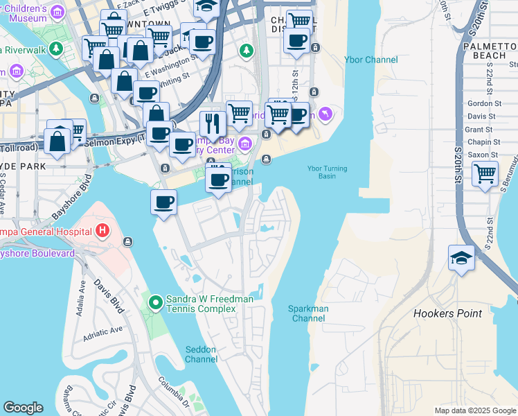 map of restaurants, bars, coffee shops, grocery stores, and more near 732 Seagate Drive in Tampa