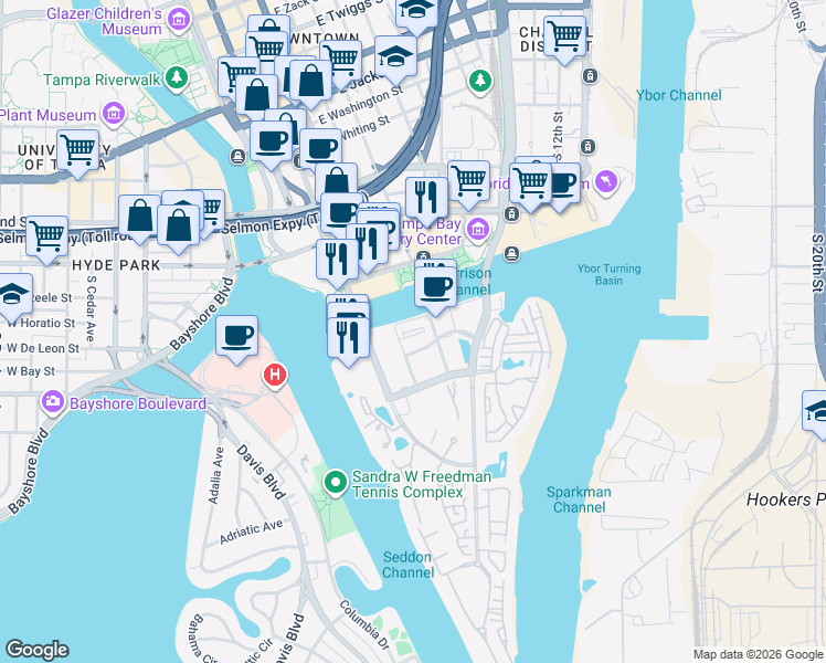 map of restaurants, bars, coffee shops, grocery stores, and more near 725 Harbour Post Drive in Tampa