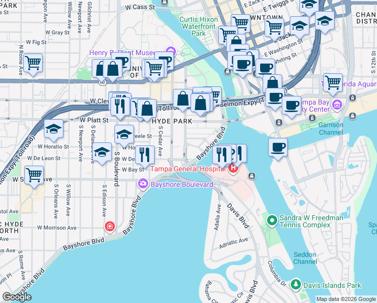 map of restaurants, bars, coffee shops, grocery stores, and more near 345 Bayshore Boulevard in Tampa