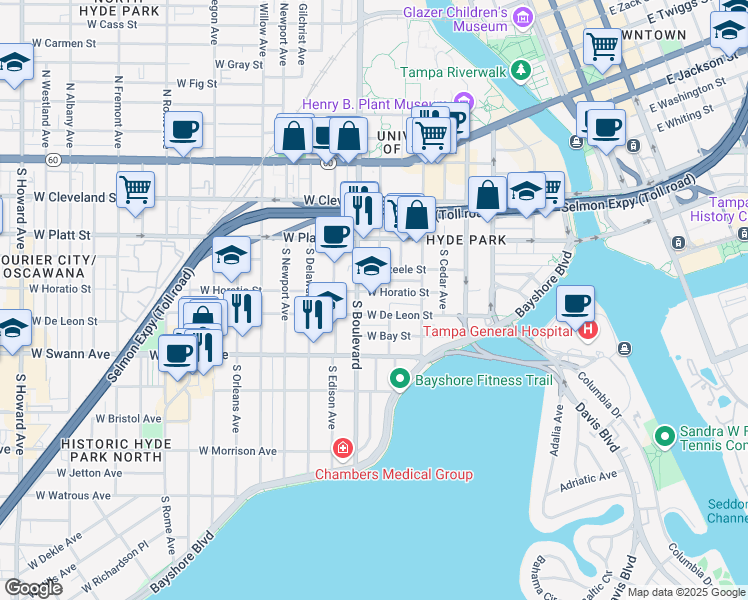 map of restaurants, bars, coffee shops, grocery stores, and more near 602 South Boulevard in Tampa