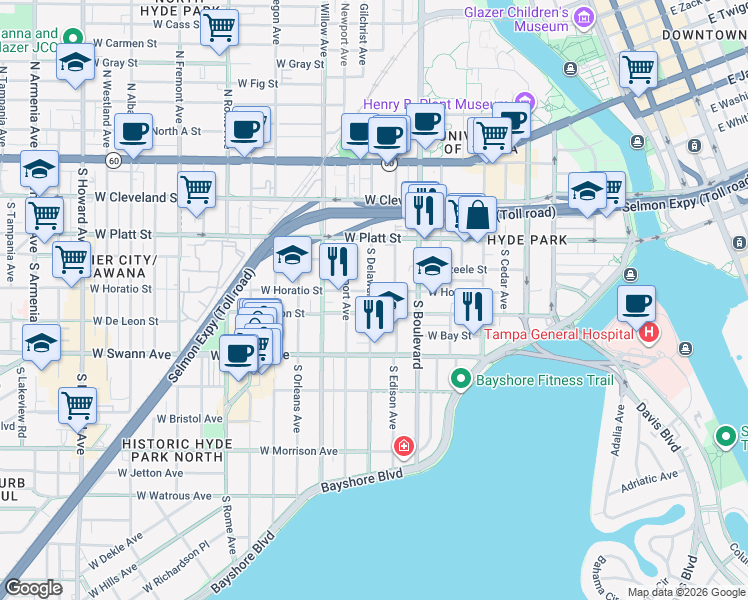 map of restaurants, bars, coffee shops, grocery stores, and more near 1000 West Horatio Street in Tampa