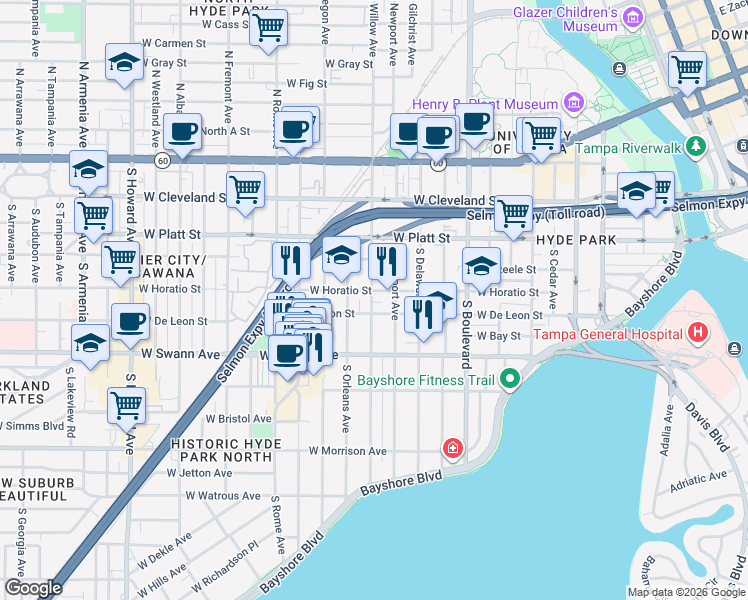 map of restaurants, bars, coffee shops, grocery stores, and more near in Tampa