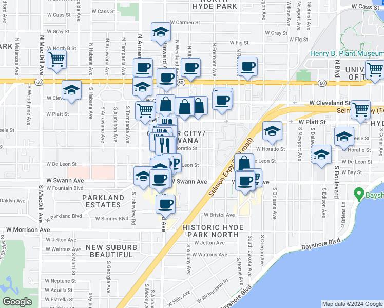 map of restaurants, bars, coffee shops, grocery stores, and more near 509 South Melville Avenue in Tampa