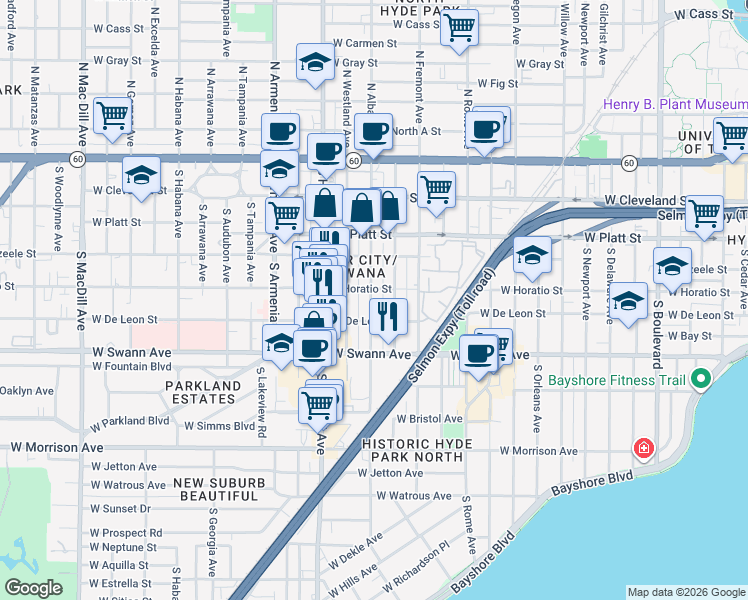 map of restaurants, bars, coffee shops, grocery stores, and more near 509 South Melville Avenue in Tampa