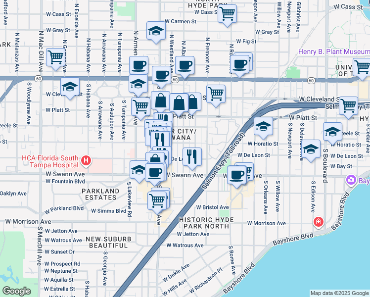 map of restaurants, bars, coffee shops, grocery stores, and more near 509 South Melville Avenue in Tampa