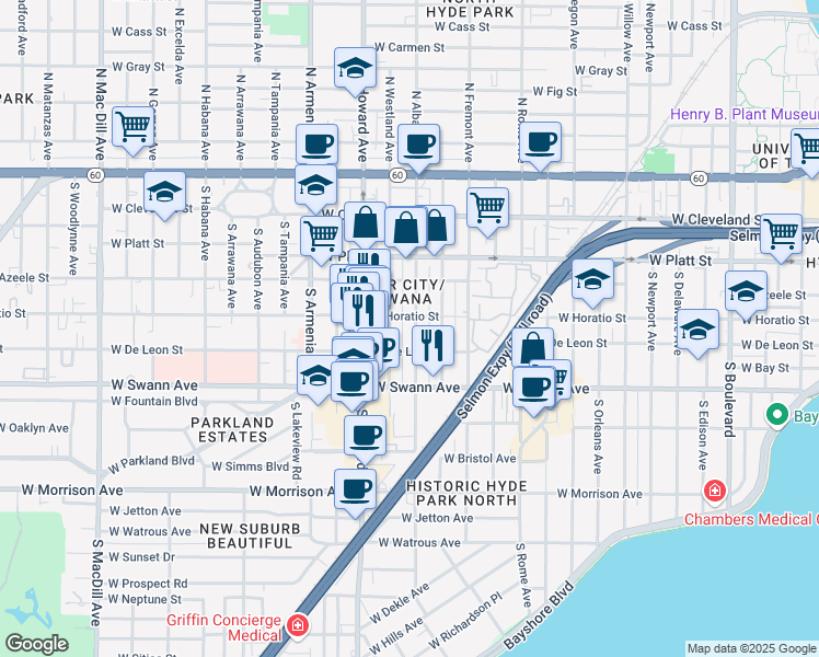 map of restaurants, bars, coffee shops, grocery stores, and more near 509 South Melville Avenue in Tampa
