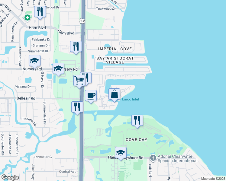 map of restaurants, bars, coffee shops, grocery stores, and more near 2722 Via Tivoli in Clearwater
