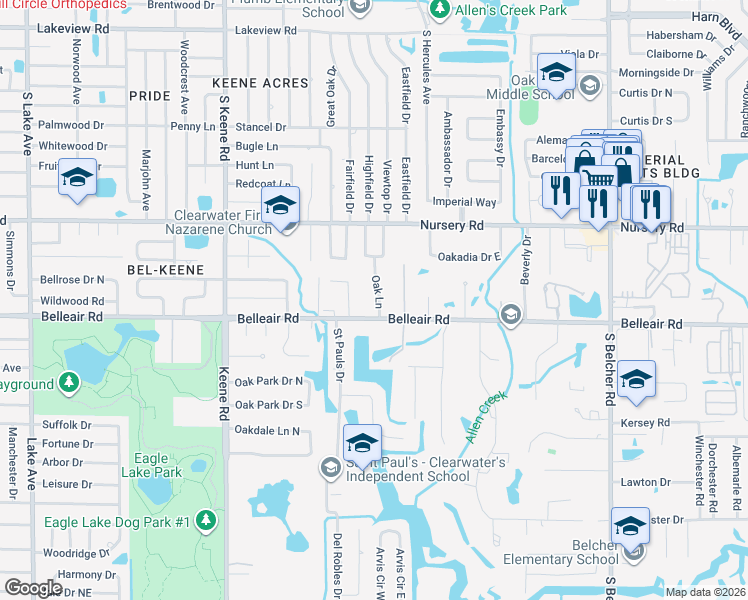 map of restaurants, bars, coffee shops, grocery stores, and more near 1584 Oak Lane in Clearwater