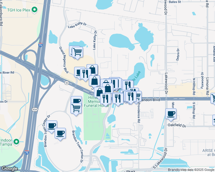 map of restaurants, bars, coffee shops, grocery stores, and more near 110 Gornto Lake Road in Brandon