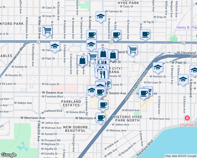 map of restaurants, bars, coffee shops, grocery stores, and more near 555 South Howard Avenue in Tampa