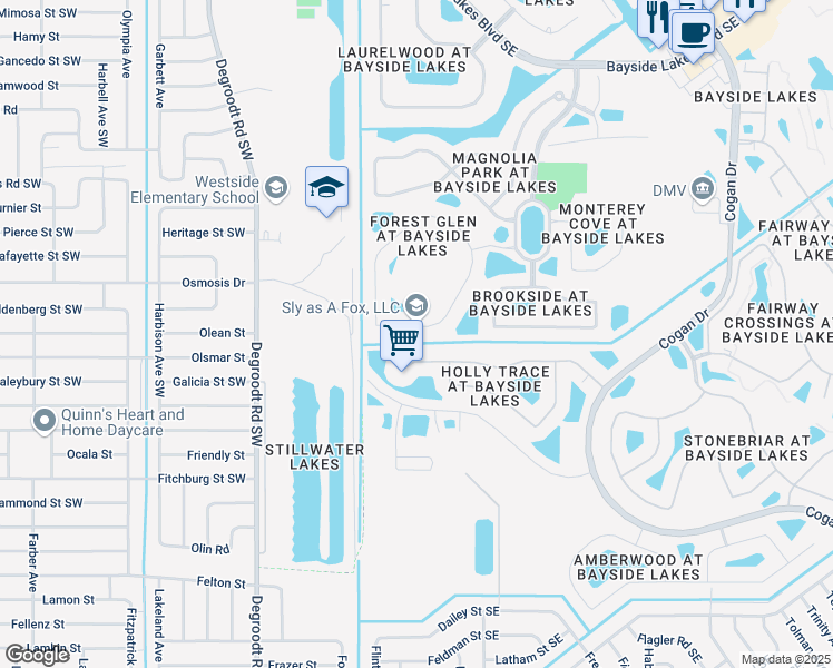 map of restaurants, bars, coffee shops, grocery stores, and more near 169 Brandy Creek Circle Southeast in Palm Bay